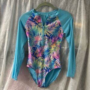 Cat & Jack girls long sleeve zip front rashguard swimsuit size 14